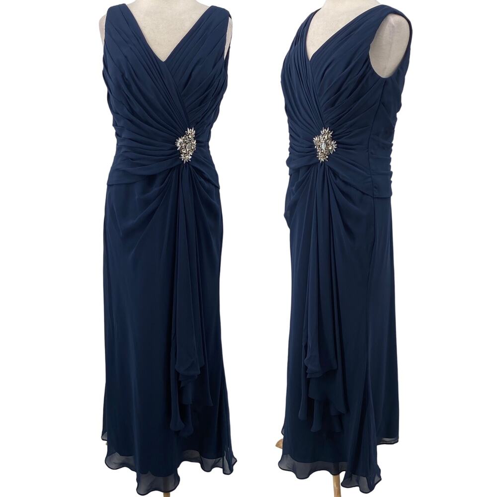 Jovani Gown Pleated Gathered Bodice VNeck Sleeveless Crystal Embellished Navy 12
